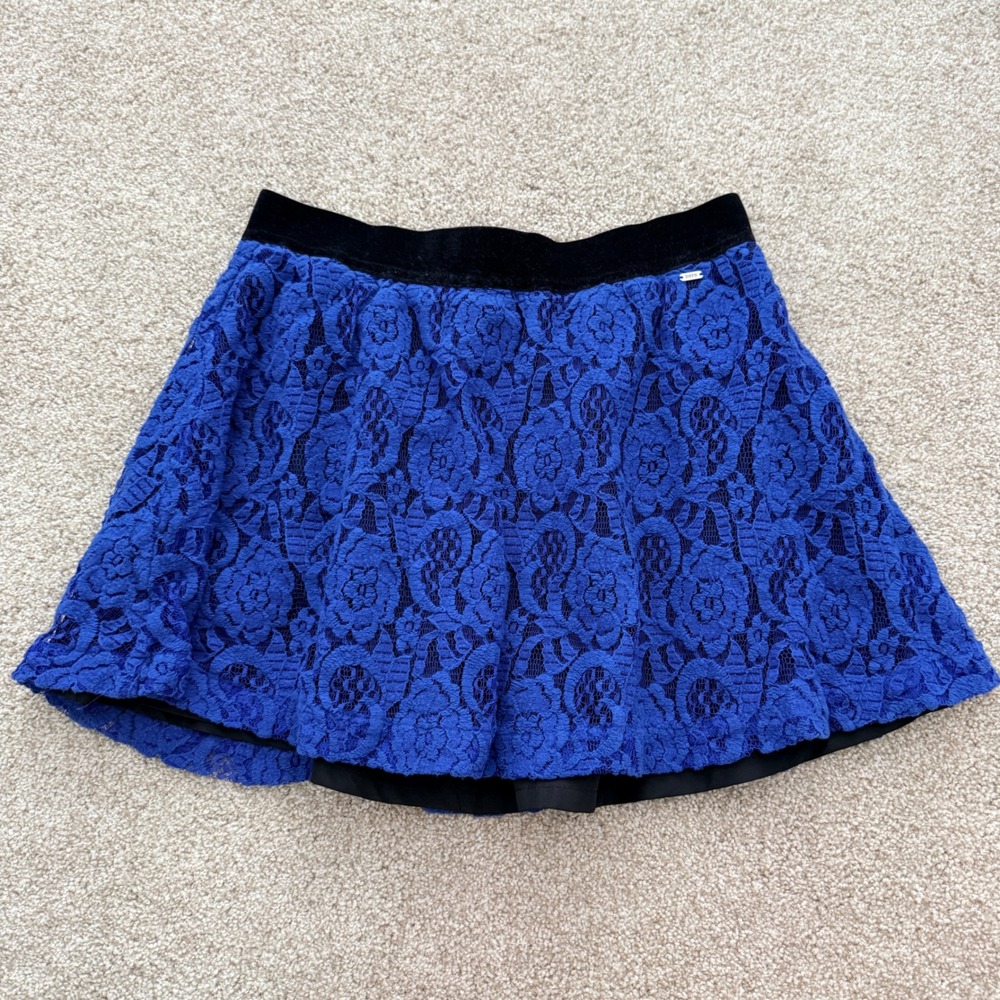 Aeropostale Skater Skirt Womens Medium Blue Floral Lace Velvet Waistband Zipper